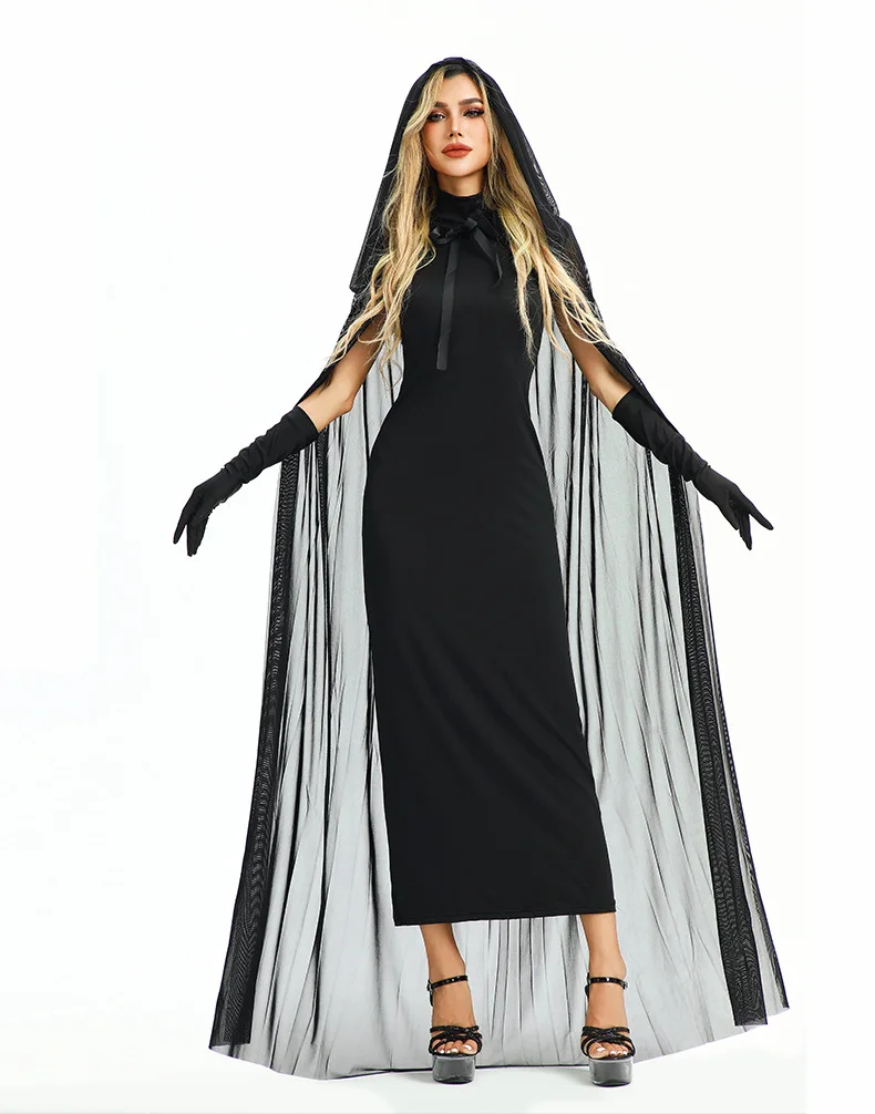 Robe Sorcière Gothique Noire avec Cape à Capuche et Gants – photo 2