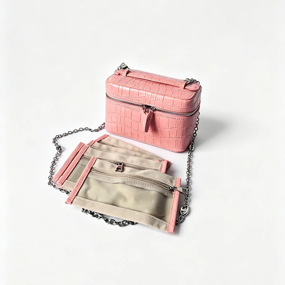 Geprägter Kosmetikbeutel aus Leder mit Krokodil-Optik, großer Stauraum, mehrere Taschen, Handtaschen-Organizer für Toilettenartikel, Reise, rosa Ausführungen. – Detail 29