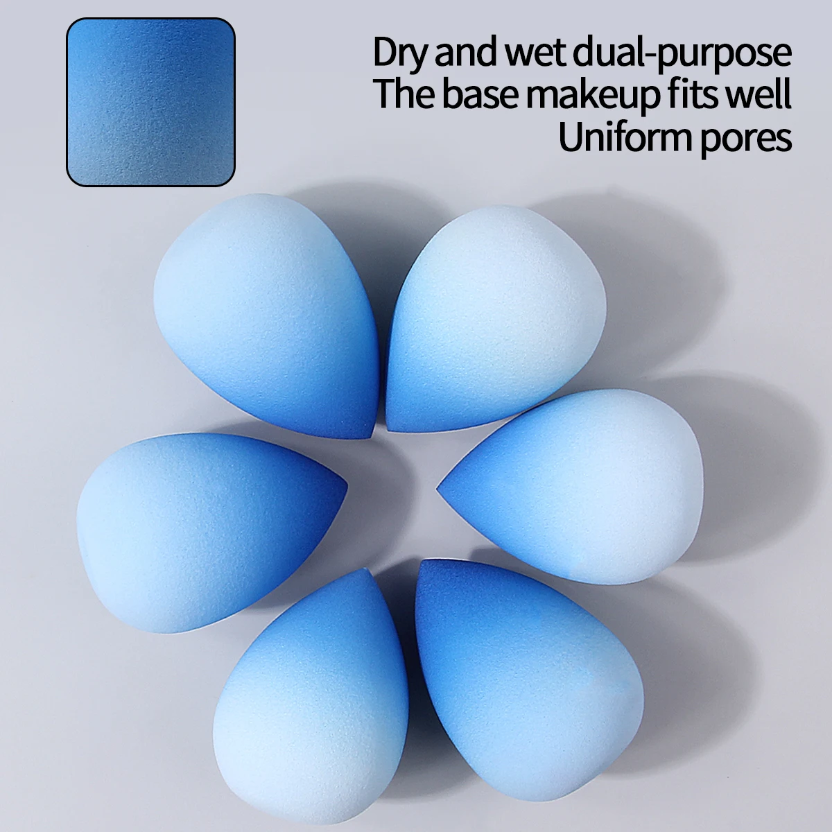 Éponge de maquillage bleue dégradée, œuf de beauté, haute résilience et sans poudre collante, gonflement lors de l'eau, outil de maquillage, 6 pièces