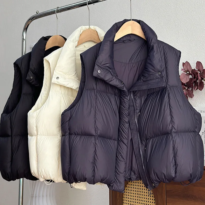 

Winter Autumn White Duck Down Puffer Vest Body Warmer Women's Down Vest Jacket Loose Thick Waistcoat Vest Zipper Sleeveless Coat