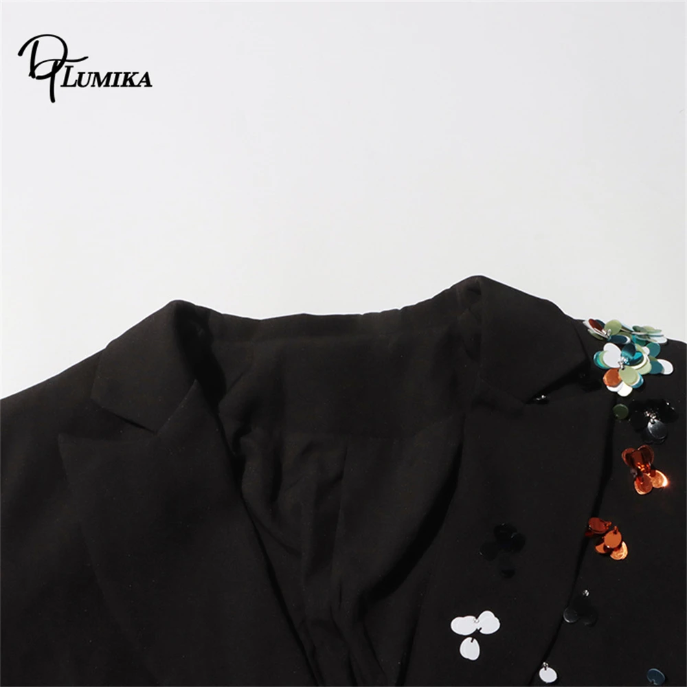 سترة DTLumika سوداء للنساء، سترة بدلة مطرزة بالترتر الزهري، ملابس خارجية رسمية/غير رسمية بقصة ضيقة #5