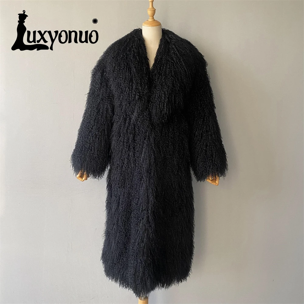 Luxyonuo-abrigo de piel de oveja mongol Real para mujer, ropa mullida, abrigos largos de lujo para mujer, nueva llegada, Otoño e Invierno