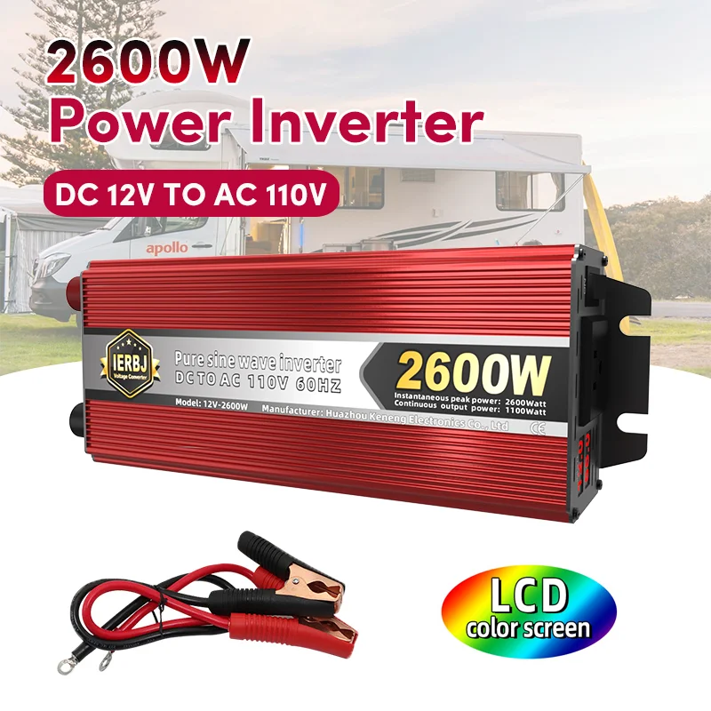 

IERBJ 2600W pure sine wave inverter, 12V to 110V, with LED display screen, overload protection, suitable for cars, ships, trucks