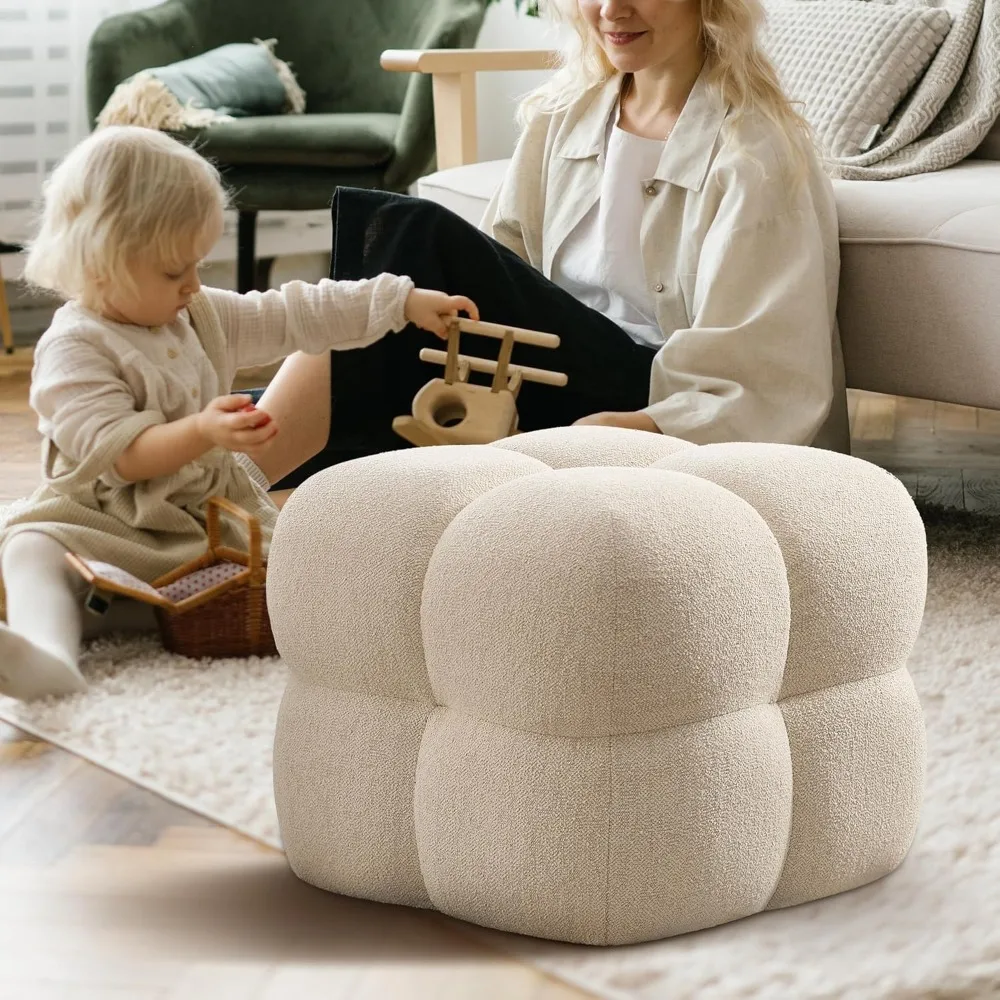Square Pouf Ottoman Footstool, Modern Ottoman Coffee Table for Living Room, Beige Linen Stool Foot Rest, Upholstered Poofy Stool