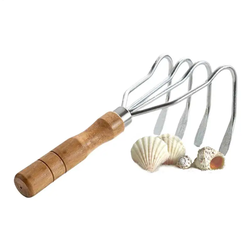 

Hand Rake Wood Handle Beach Clam Scraper Handheld 4 Teeth Multifunctional Rake for Clamming Lake Farm Landscaping Pond Treasure