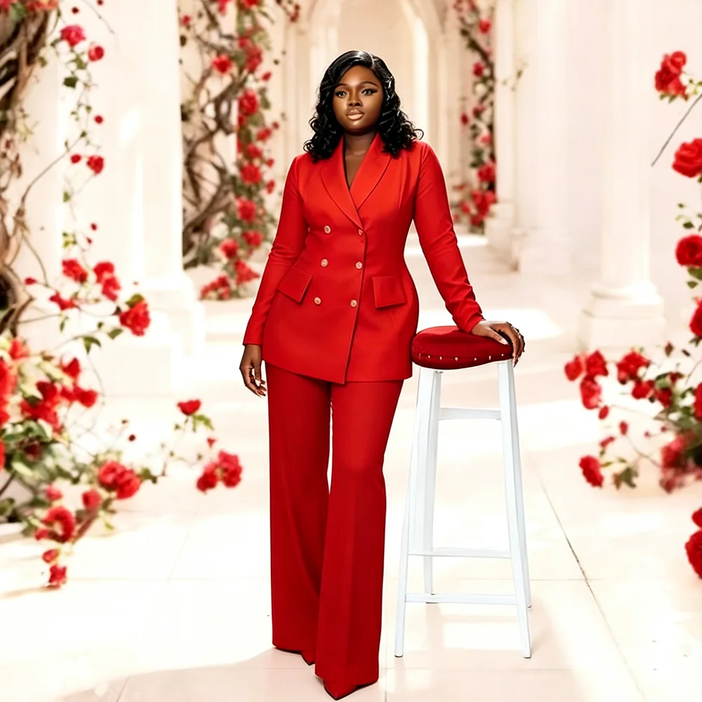 Red Office Lady Women's 2 Piece Suit Jacket Wide Leg Pants Fashion Double Breasted Peak Lapel Wedding Party Outfits Customized