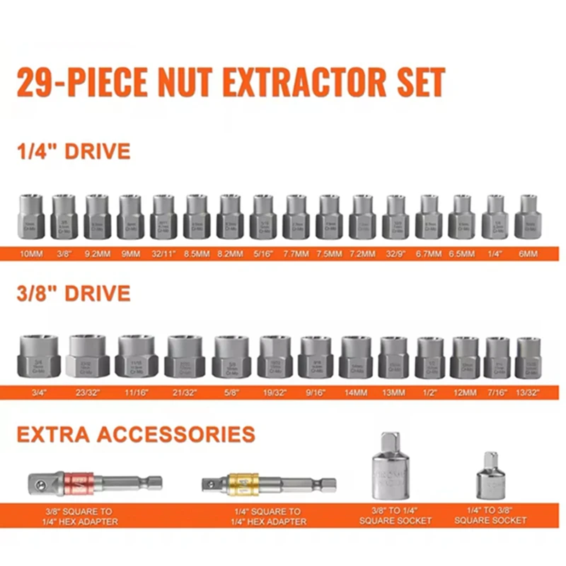 

29PCs Bolt Extractor Set Bolt and Nut Remover Set 6mm to 10mm 13/32inch to 3/4inch -MO Steel Extraction Socket Set-ABLM