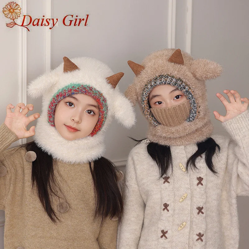 

Зимняя плюшевая детская бархатная теплая защита ушей с милым ягненком и капюшоном, вязаная маска для лица и шарф на шею, интегрированная шапка