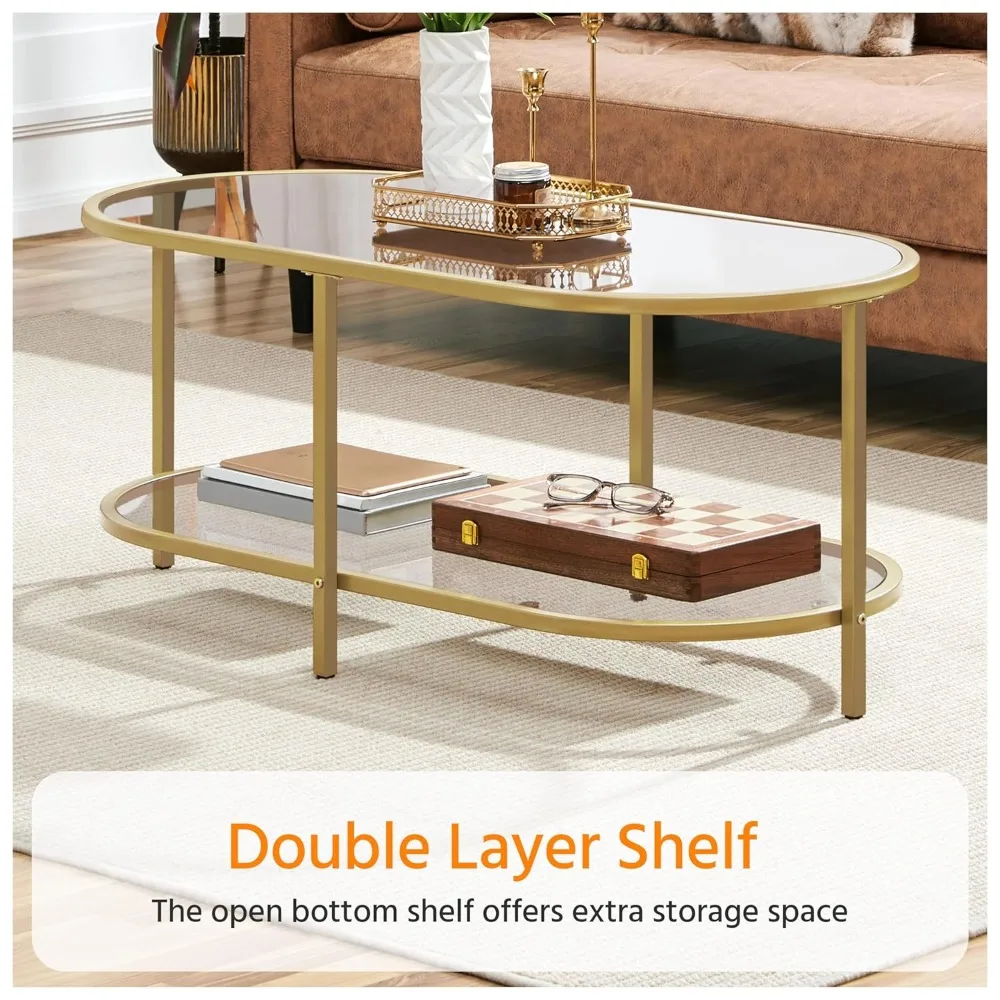 

42" Oval Glass Coffee Table for Living Room, 2-Tier Center Table with Storage Shelf, Customized