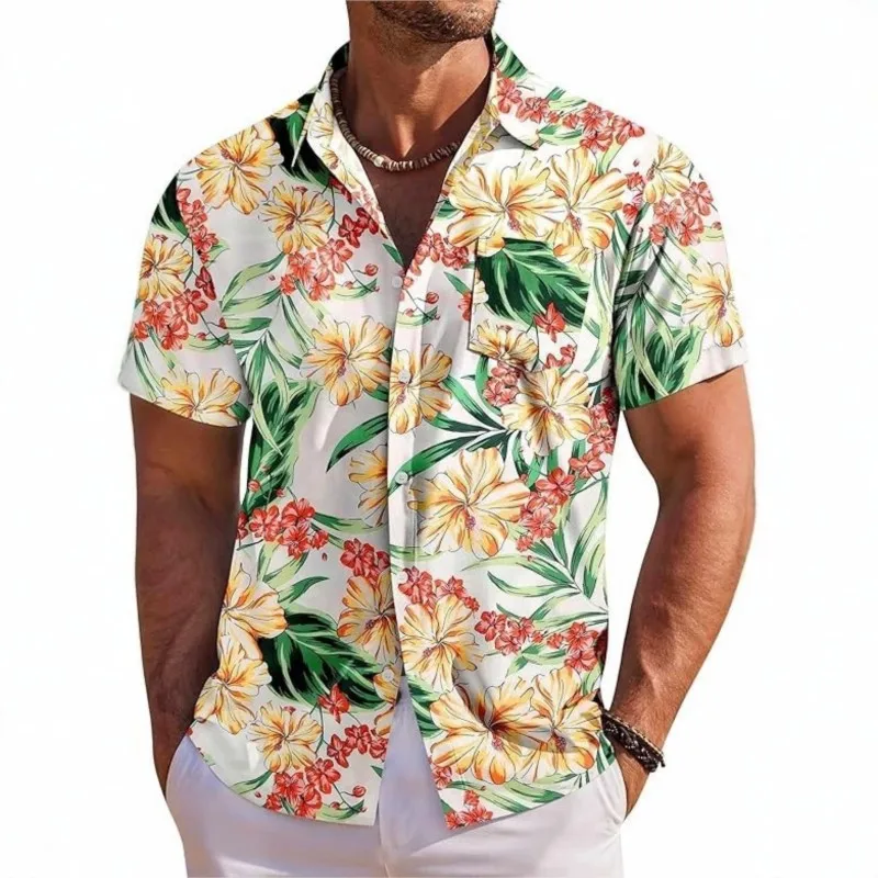 Men's Short Sleeve Shirt Hawaiian Botanical Flower Print Lapel Seaside Button-Down Shirt Top Casual Fashionable Shirts camisa
