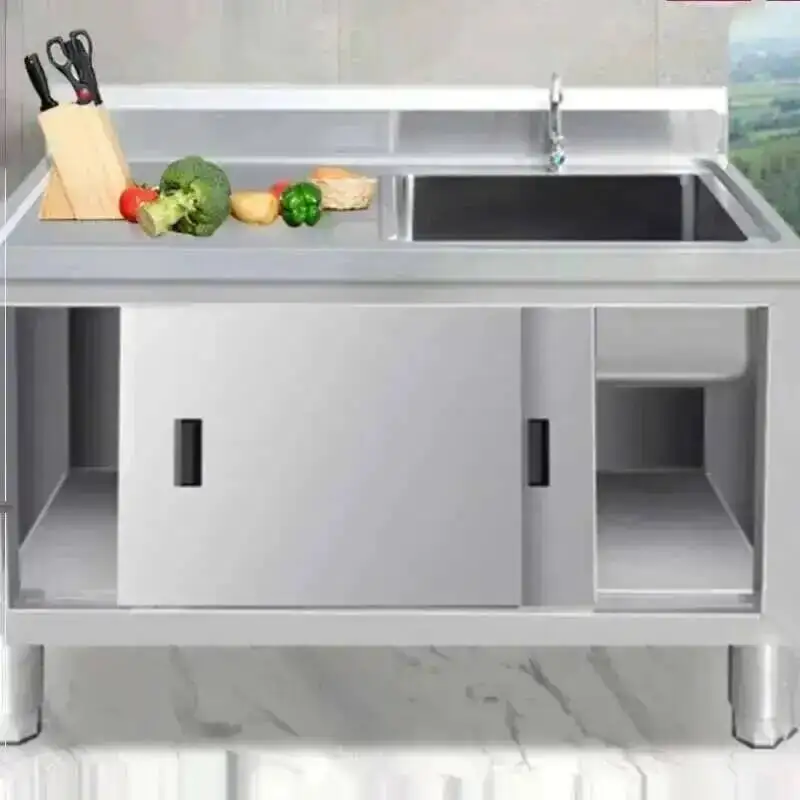 Commercial Kitchen Steel Sinks Platform Sinks Stainless Vegetable Basin Multi-functional Moveable Door Stove Cabinet with Sink X