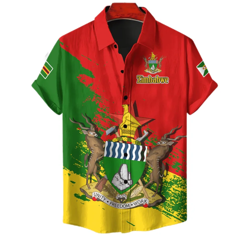 Zimbabwe Vlag Kaart 3d Geprint Shirts Met Korte Mouwen Voor Mannen Kleding Nationale Embleem Strandshirts Nationale Embleem Blouses Mannelijke Tops