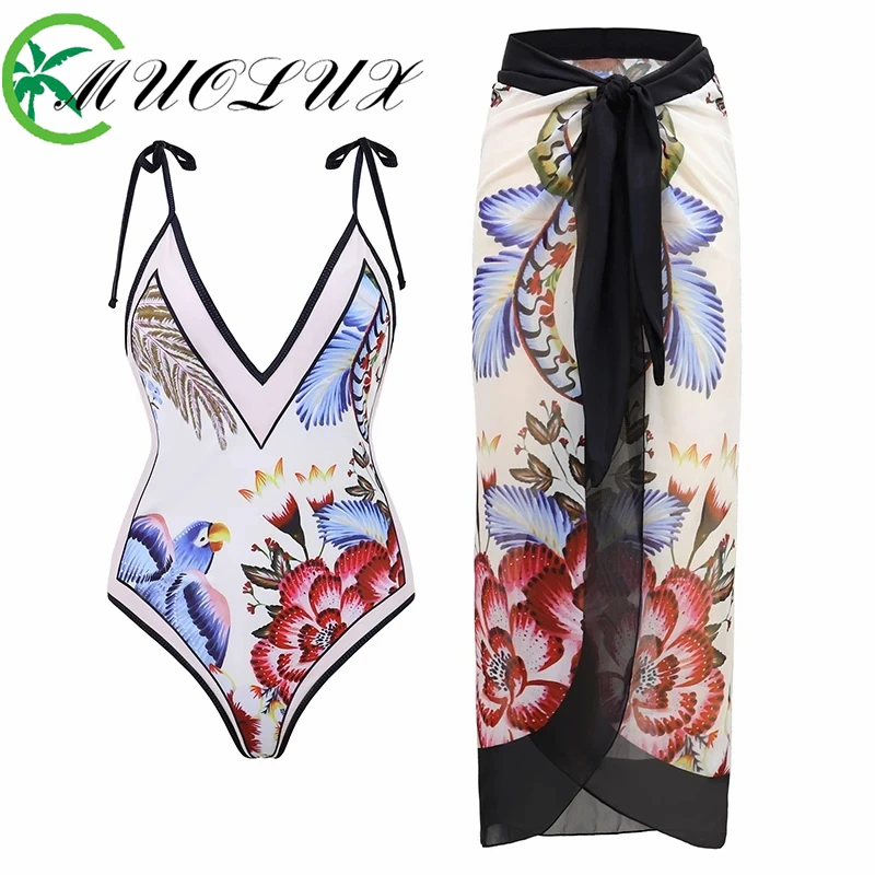 

MUOLUX 2024 New One-piece Swimsuit Slimming Retro Women's swimsuit Tight Strap Swimsuit Set Chiffon Long Skirt