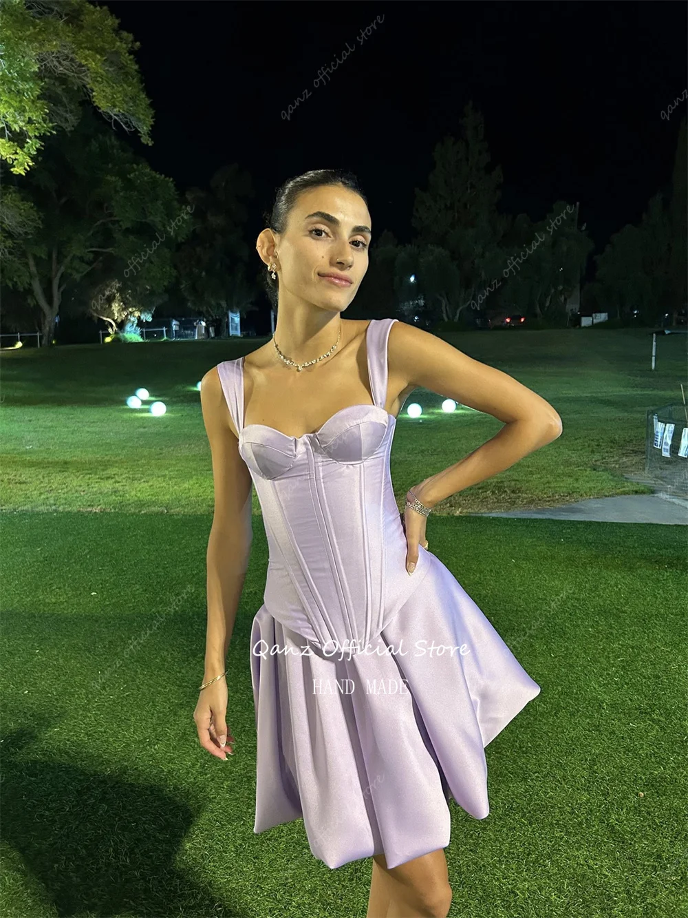 Qanz – Mini robe De bal en Satin lilas, ensemble 2 pièces, Corset, robe De fête d'anniversaire, bretelles Spaghetti, ligne A, personnalisée