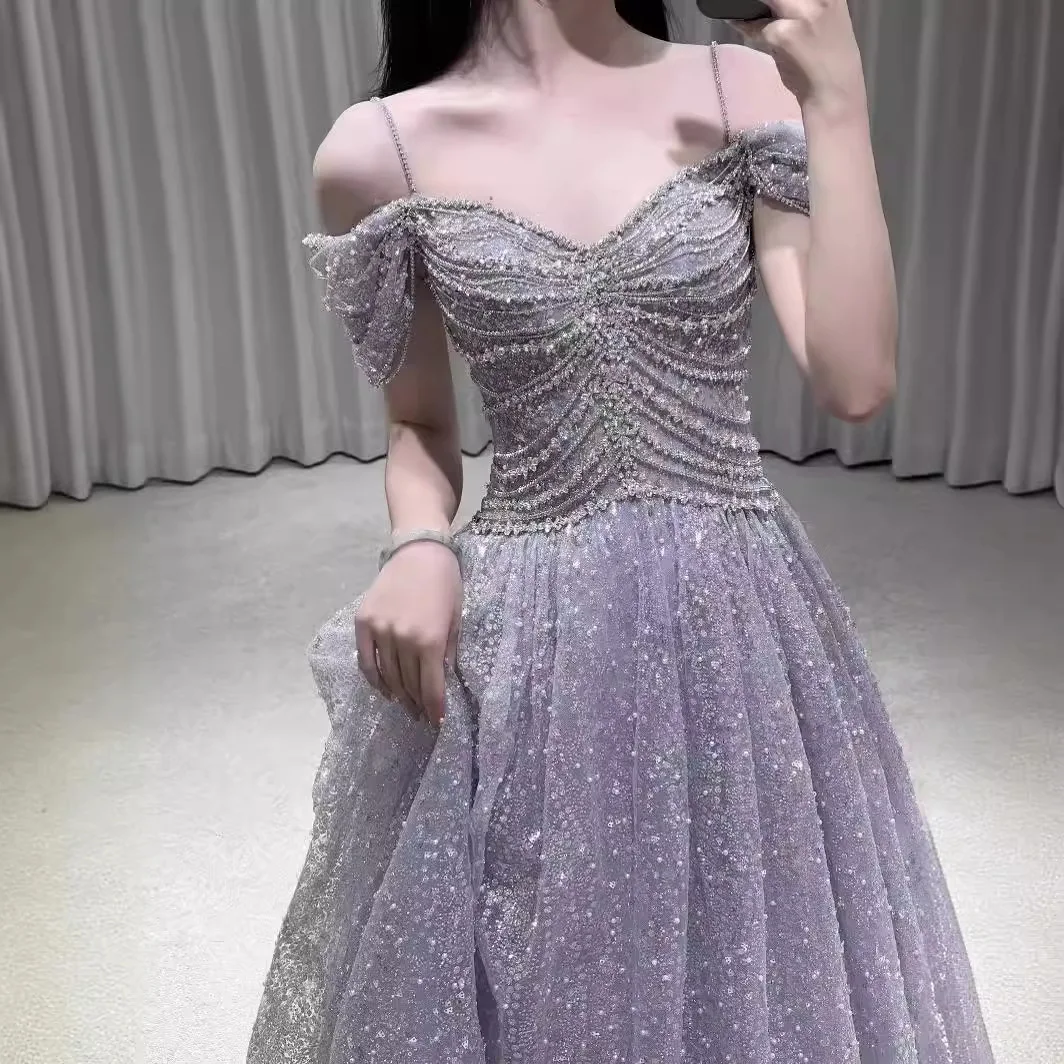 Shinny Nude Lilac Party Dresses Off Shoulder Crystal A Line Long Women Wedding Party Dress Prom Formal Occasion Wear Vestidos