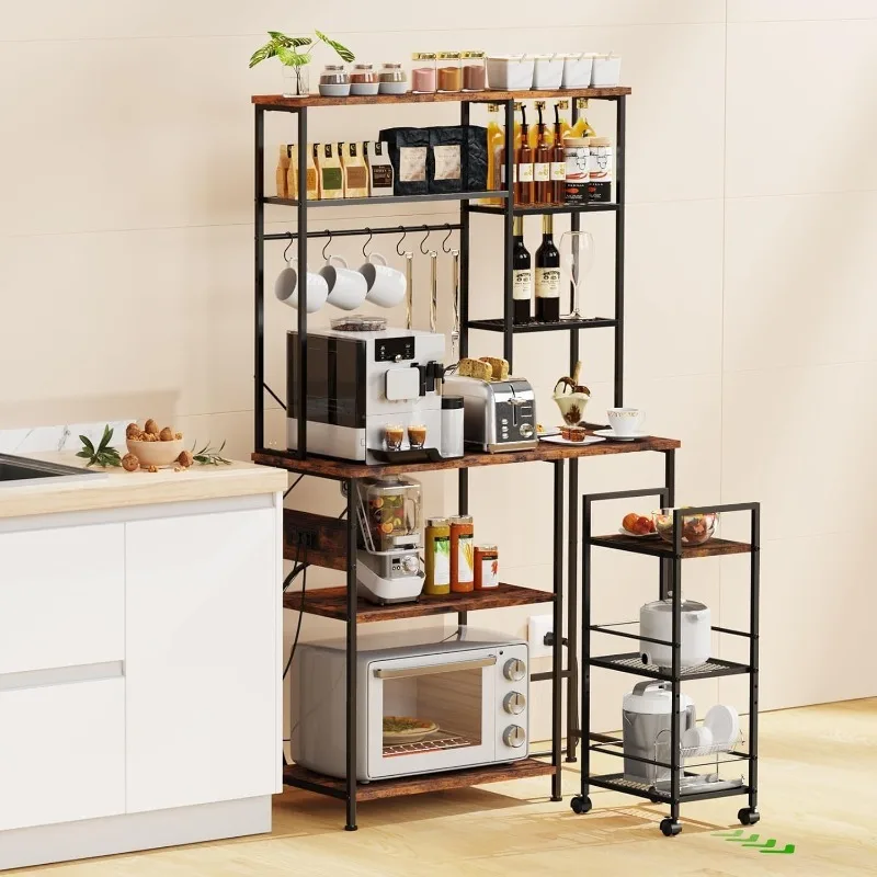 Bakers Rack with Mobile Kitchen Utility Shelf - Adjustable Height, Multi-Compartment Storage with Power Outlet & 6 Hooks