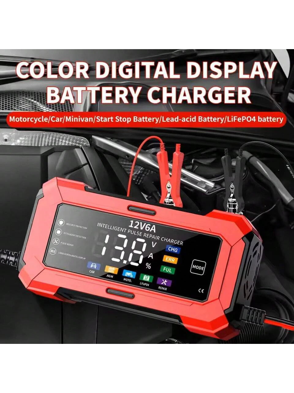 Color Screen 12V 6A Car and Motorcycle Battery Charger, Lead-acid Lithium Battery Charger, EU Plug, Automatic Stop When Fully