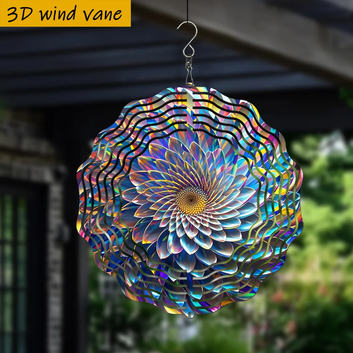 Flower Wind Vane with 360° Rotating Hook - Round Iron Metal Wind Spinner, Vibrant Multicolor Petals & Iridescent Rainbow Colors
