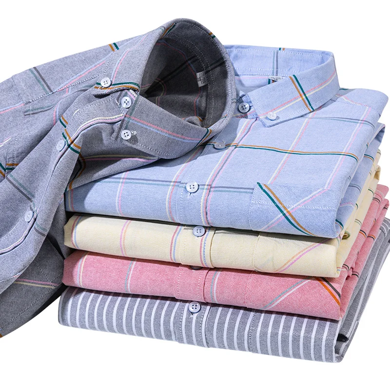 Casual Oxford Shirts for Men Long Sleeve Fashion Plaid Striped Pure Cotton Left Pocket Design Regular Fit Business Daily Button