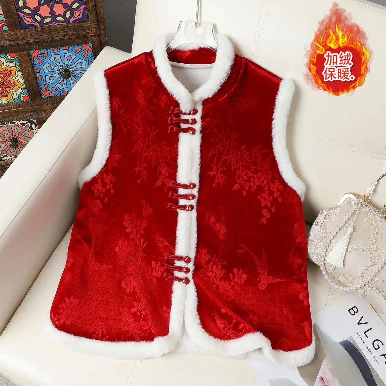 

Жилет в китайском стиле, бархатный, 2026, новинка, осень-зима, ретро, на пуговицах, модный, красный, новогодняя одежда