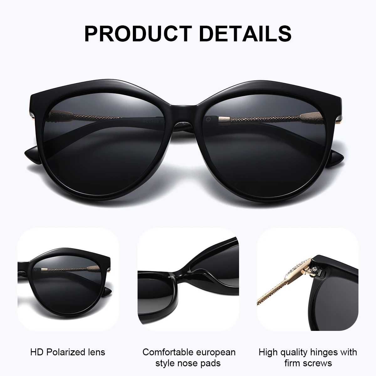 BARCUR Round Polaried Sunglasses Fashion Ultra Light Cat Eye PC Frame Multiple Colors Choose Women Sunglasses Gift Box Package