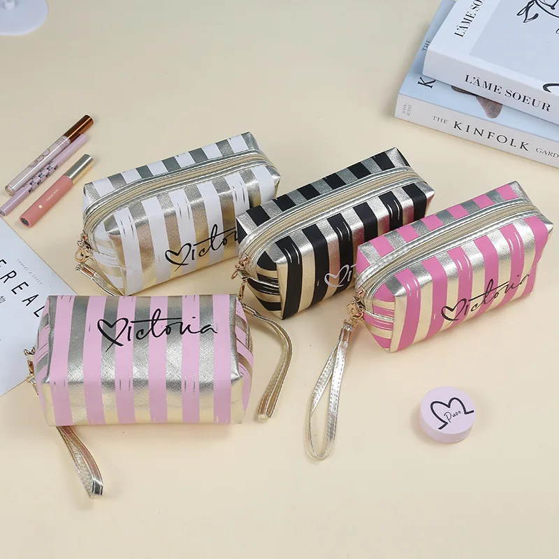 Women's Fashionable Cosmetic Bag Striped Handheld Portable Makeup Bag Korean Sweet Cool Personalized Waterproof  Storage Bags