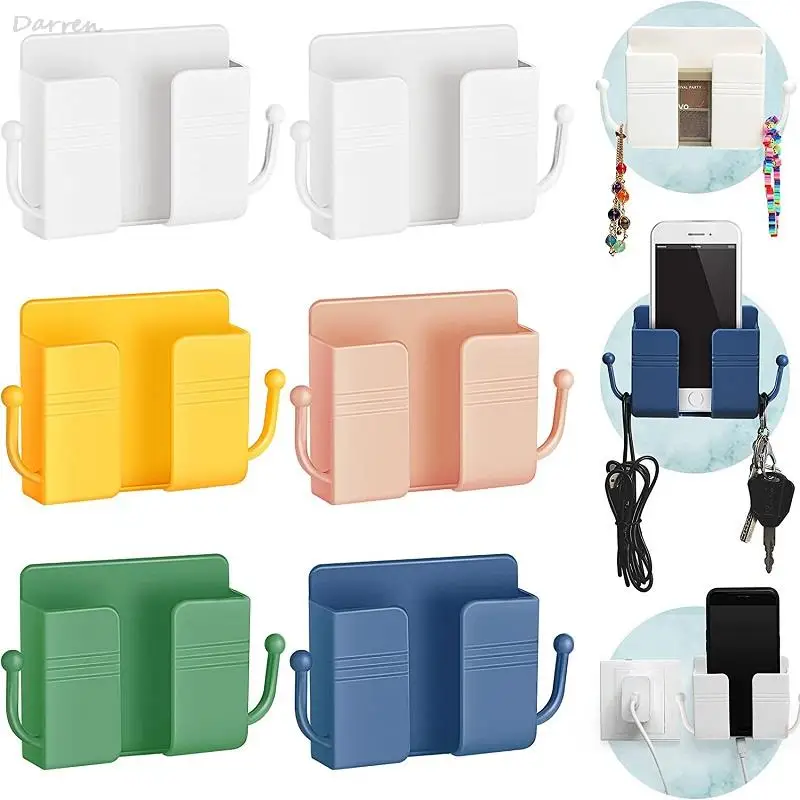 2PCS Wall Mount Phone Holder Self-Adhesive Wall Organizer Storage Box Plastic Charging Phone Stand Brackets Holder for Bedroom