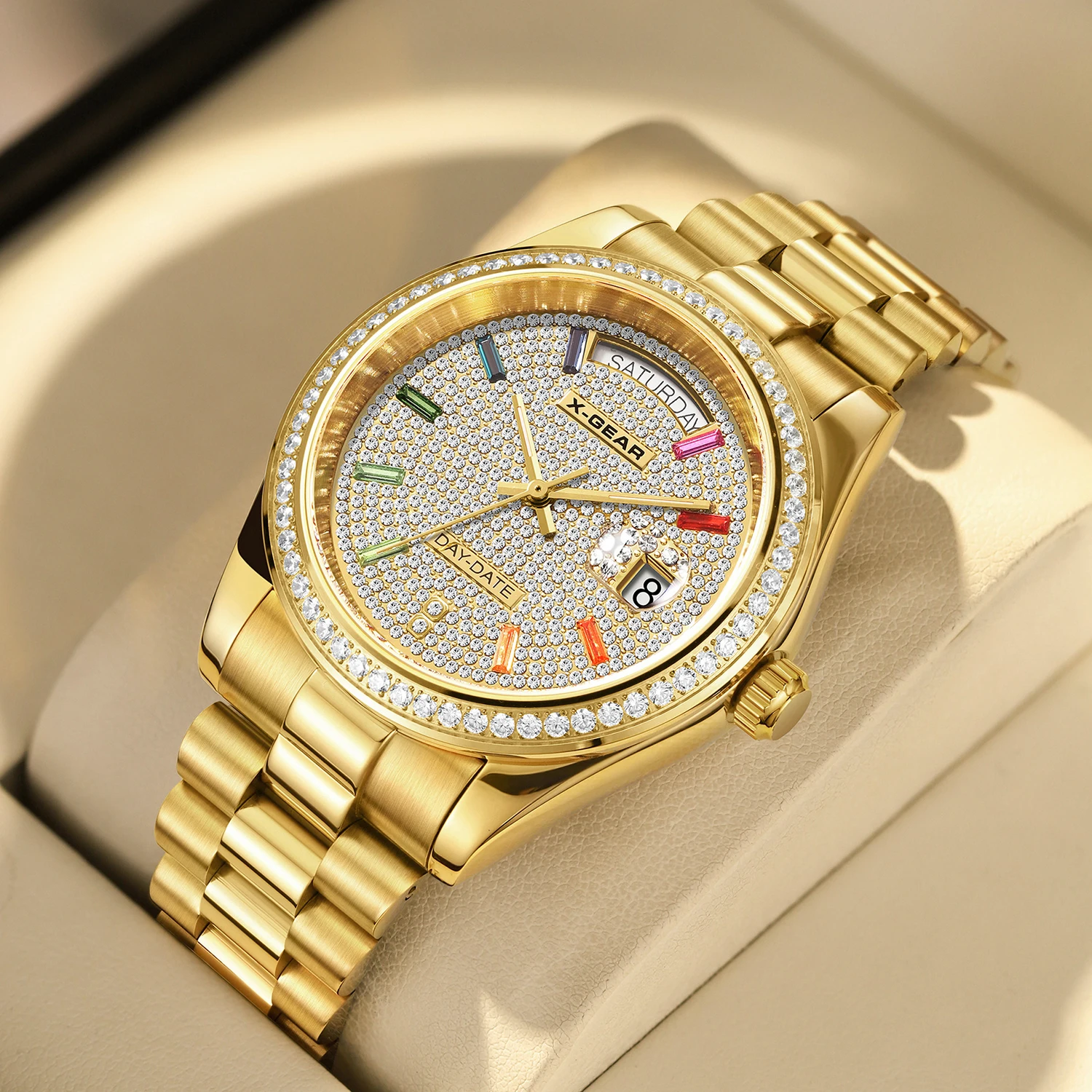 Men's Luxury Diamond Watch Full Dial Diamond Bezel Mechanical Luminous Date & Week Display Stainless Steel Case Strap