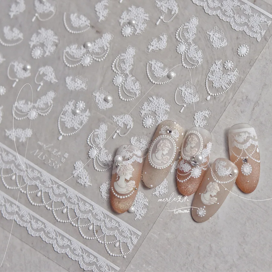 Autocollants de manucure en tissu de fleur de dentelle romantique français, pendentif de perle, Portrait, nœud papillon, impression Textile, autocollants délicats pour Nail Art