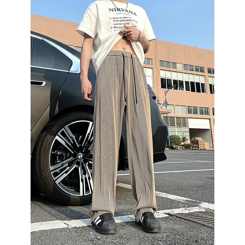 Summer Casual Pants Men Fashion Gray Wide Leg Pants Men Streetwear Korean Loose Ice Silk Pants Mens Pleated Pants Man Trousers