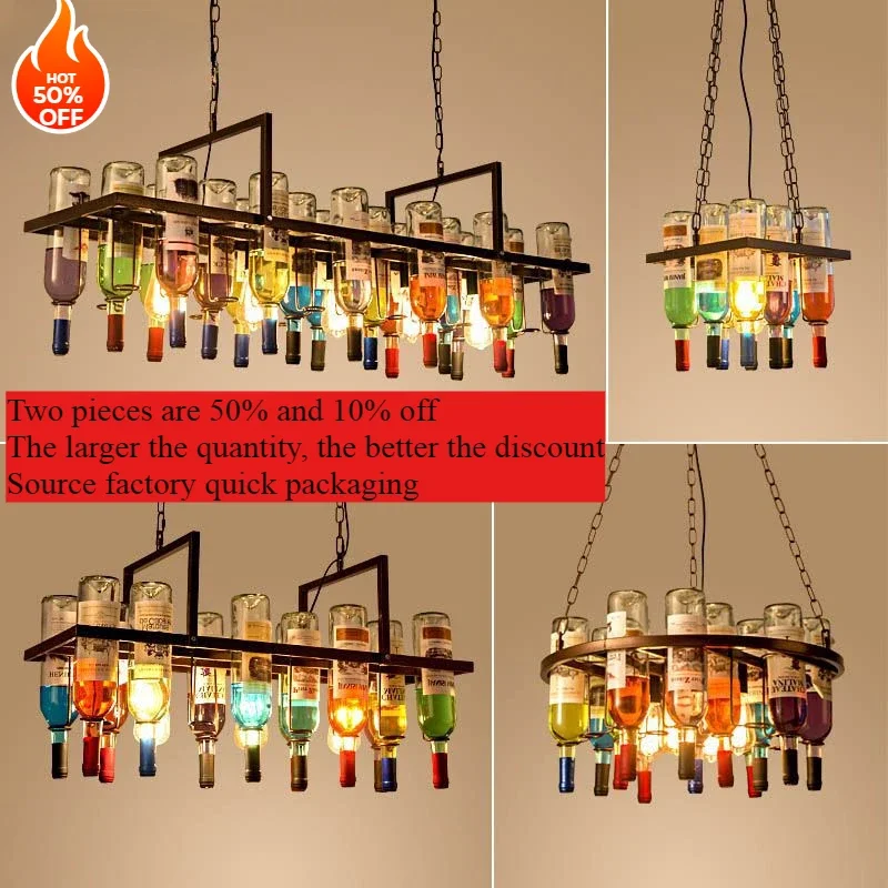 

Retro Industrial Rust Metal Colored Wine Bottle Glass Chandelier Coffee Shop Bar Restaurant Living LED Decorative Pendant Lamp