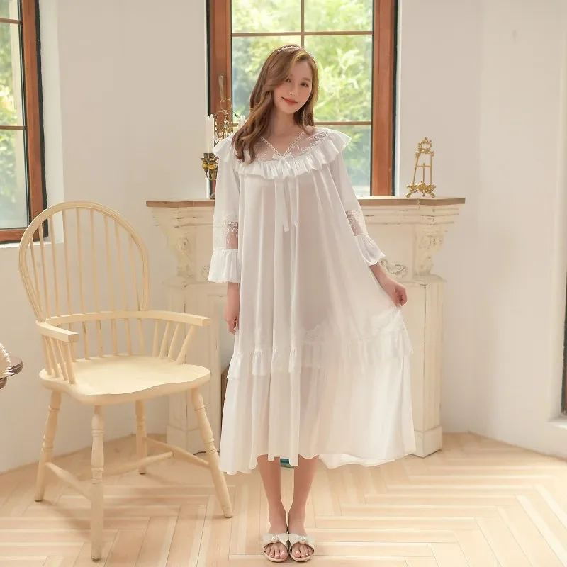 Vintage Luxury Modal Gauze Women\'s Long Sleepwear Soft Lace Elegant Dress Spring Autumn Summer Loose Nighty Clearance