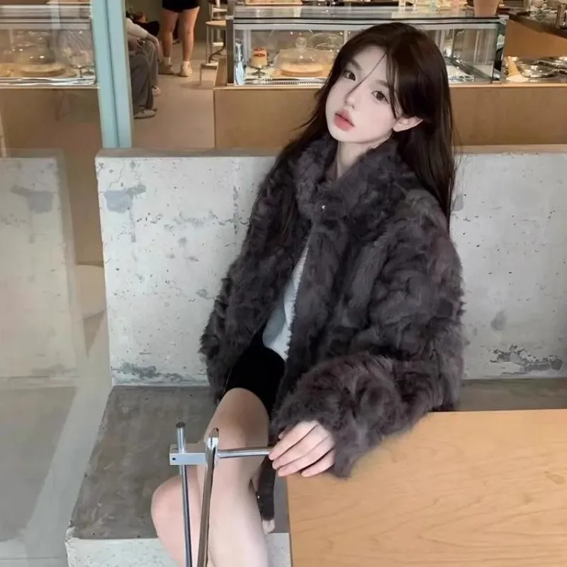 Women Faux Mink Fur Short Coat Winter Stand Collar Thick Warm Eco Friendly Fur Integrated Fluffy Jacket