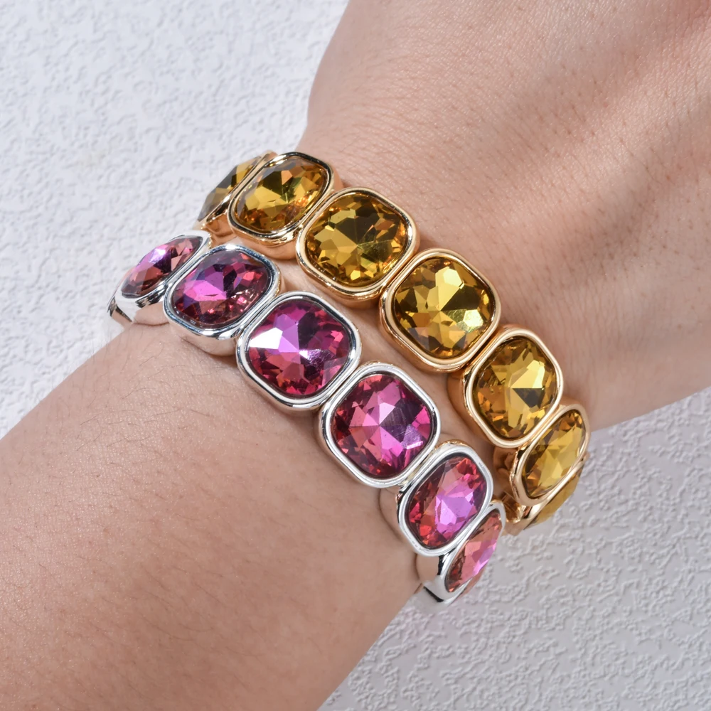 Rose Colorful Glass Crystal Elastic Bracelet Enamel Stretch Rhinestone Bangle Tile Bead Bracelet for Women Fashion Jewelry - view 5