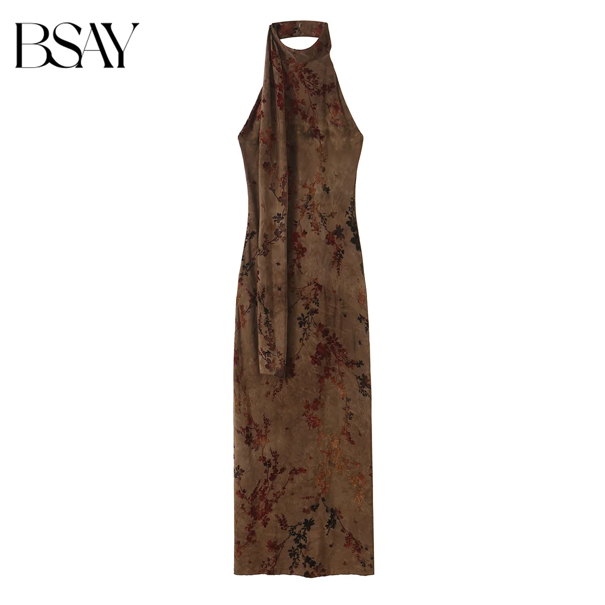 BSAY Autumn Chinese Style Women's Vintage Halter Neck Maxi Dress Scarf Ribbon Decor Sleeveless Floral Print Slim Fit Long Dress