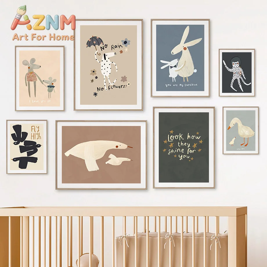 1pc frameless Canvas Painting Cute Rabbit Bird Geese Leopard Dog Nursery Wall Art Canvas Painting Nordic Posters And Prints W