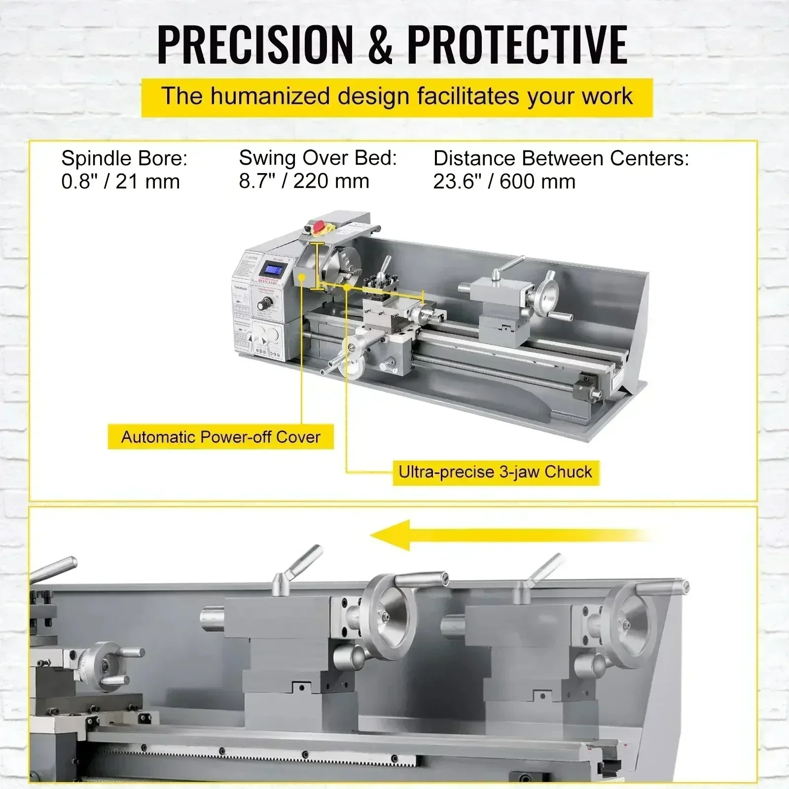 SIHAO High-Precision 220x600mm Benchtop Metal Mechanical Lathe Variable Speed Lathe with 3-Jaw Self-Centering Chuck Multi-use Machining Equipment for Drilling and Threading Tasks