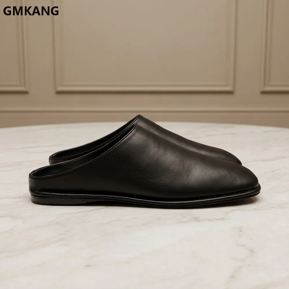 Suede Leather Flat Slippers Women Square Toe Mules Casual Outdoor Holiday Comfy Half Slides GMKANG
