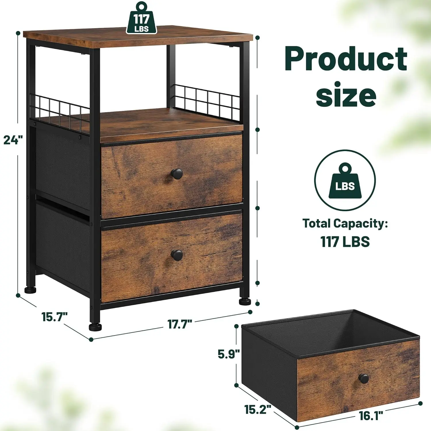 Nightstand Set of 2, Bedside Table with Fabric Drawers and Open Wood Shelf Storage, Industrial Bed Side Table