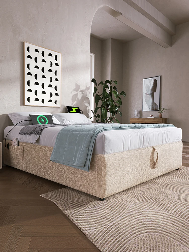 KOMHTOM 140×200 cm natürliches Leinen-Doppelstauraumbett Ohne Kopfteil, mit USB-C-Ladefunktion, ohne Matratze