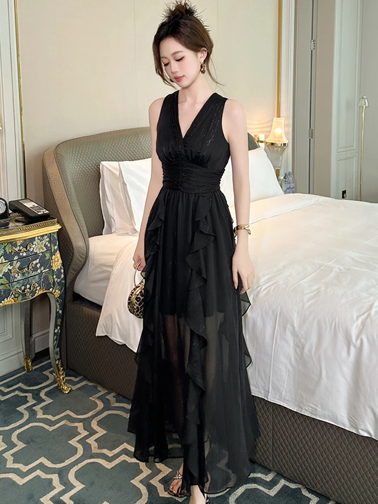 Abbigliamento da donna Vacanza Boho Vestito da festa Femminile Dolce Sheer Birght Seta Increspature Corsetto Pieghettato Abito lungo Vacanza Club Abiti