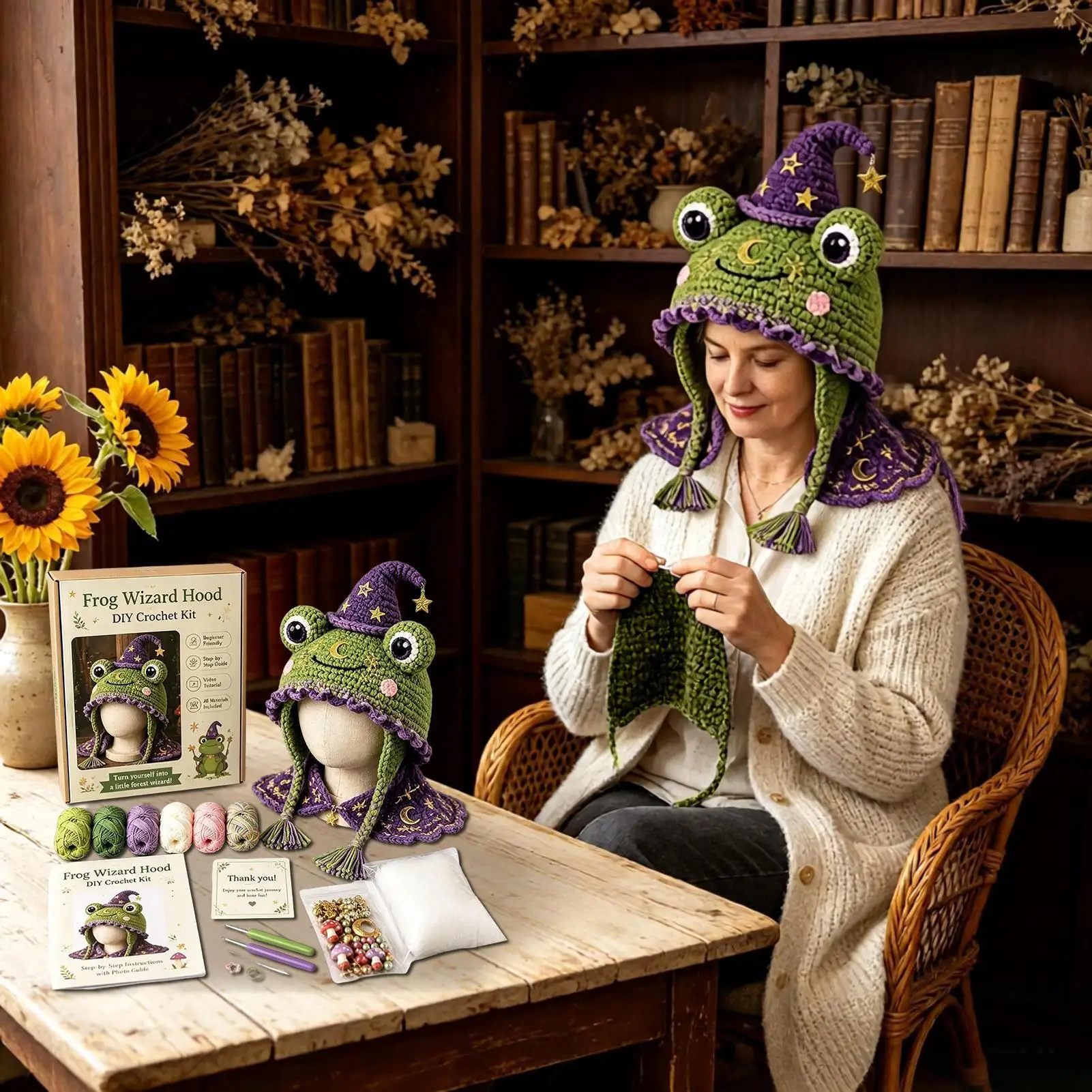 Crochet Hat Kit For Beginners Knitting Animal Headwear Photo Props With Step-by-step Guide DIY Knitting Hat Kit For Adults Teens