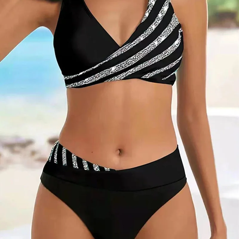 New Summer Beach New Women's Bikini Two Piece Swimsuit Shining Diagonal Rod Print Holiday Lace Up Beach Swimsuit