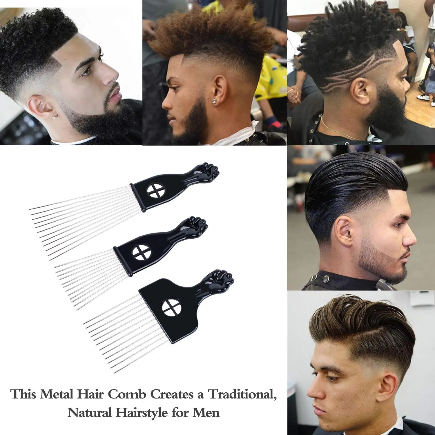 مجموعة اختيار شعر أفرو من الفولاذ المقاوم للصدأ مكونة من 3 قطع، أعواد شعر - أمشاط أفريقية معدنية سوداء لتصفيف الشعر، اختيار قبضة للنساء والرجال #6