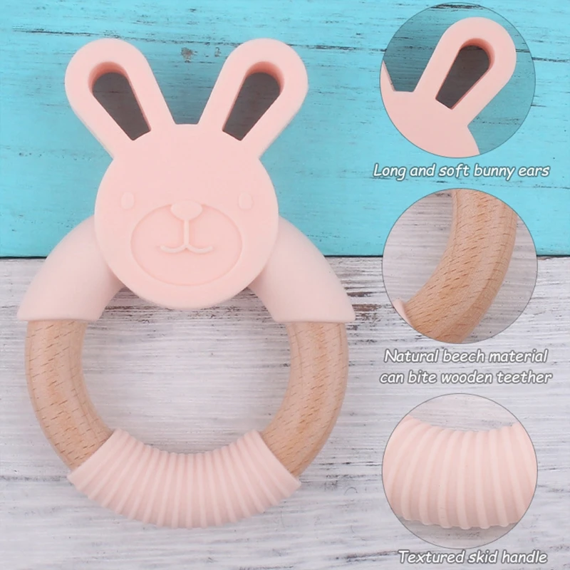 BPA Free Silicone Baby Teether Cartoon Rabbit Wooden Ring Newborn Handhold Teething Toys Rodent Molar Play Gym Educational Toy