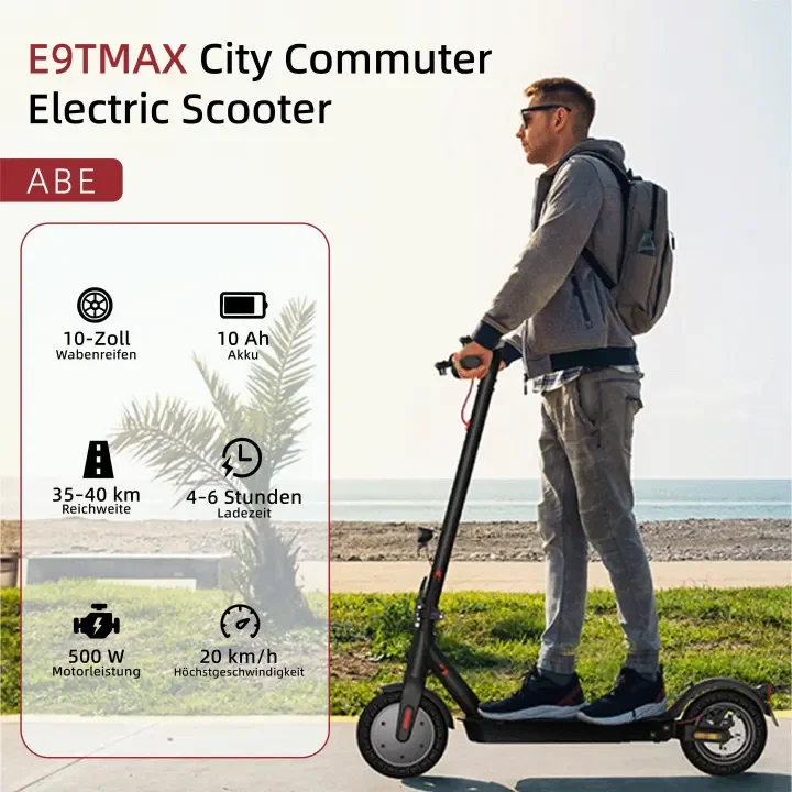 E9TMAX 10-Zoll Elektroroller 500W 36V10Ah 35-40km Reichweite Wabenreifen Hinterradfederung City-Pendler-E-Scooter (ABE) mit App – Detail 3