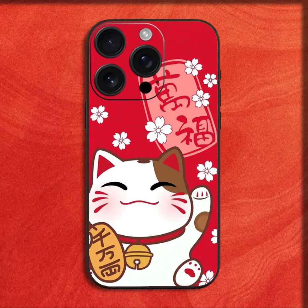 Phone Case For iPhone 16,15,14,13,12,11,Pro,XS,Max,XR,Plus,E,Mini Maneki Neko Lucky Money Cat Black Shockproof Cover - Image 5