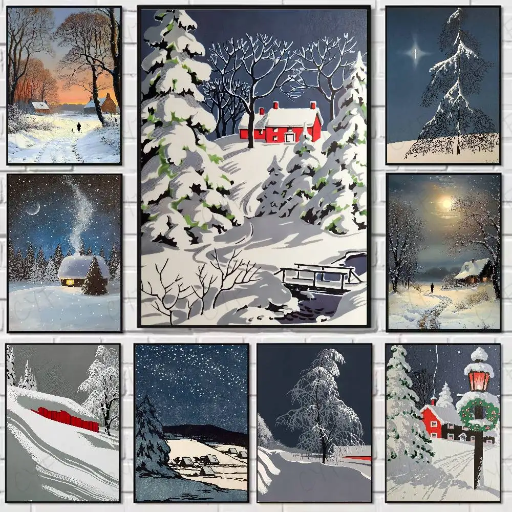 

Leisure Christmas Snow Night Poster Home Living Bed Room Bar Hallway Sticky Wall Art Printing Waterproof Aesthetic Decor