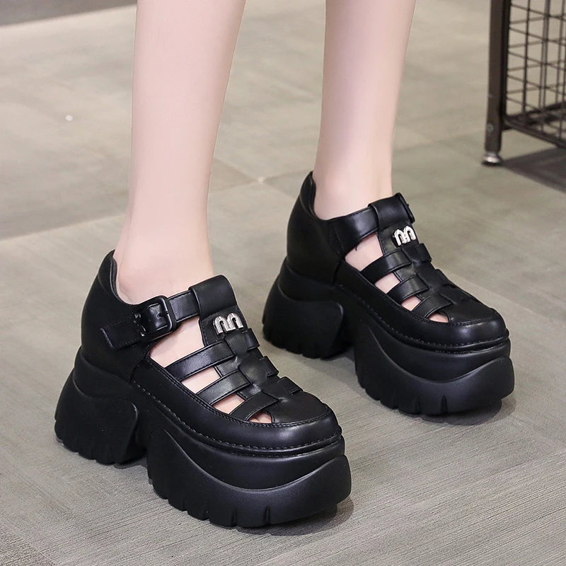 9CM New Women Sandals Comfortable Shoes Buckle Fashion Summer RoundToe Platform Wedge High Hidden Heels Ladies Breathable