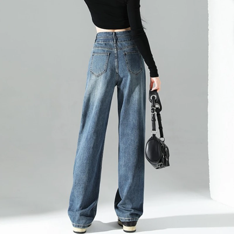 

Street Style Versatile Casual High Waist Retro Loose Design Sense Leather Label Wide Leg Straight Autumn New Jeans for Women